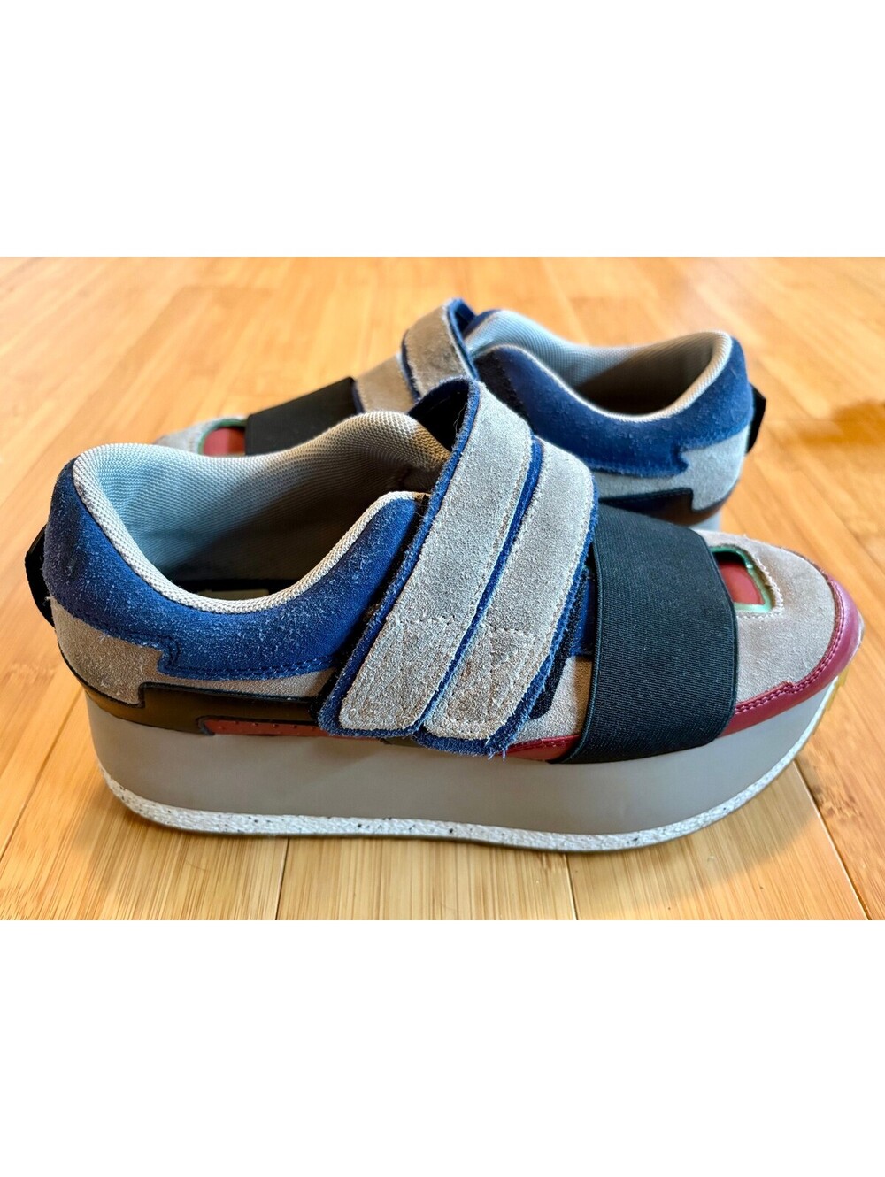 Zara Womens EU 38 US 7.5 Platform Sneakers Navy Taupe Suede Strap Chunky Shoes